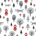 Red Riding Hood fairy tale seamless pattern. Little girl and wolf in the woodland