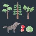 Red Riding Hood fairy tale set. Vector illustration of little girl, wolf and trees