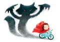 Red riding hood ride bicycle with shadows fox behind