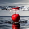 Red ripe apple falling into the water with a splash and ripples, fresh organic fruit, hd wallpaper, ai generative Royalty Free Stock Photo