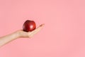 A red ripe apple in an open female palm on a pink background Royalty Free Stock Photo