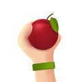 Red ripe apple in hand. Whole apple in cartoon 3d hand. Vector illustration isolated on a white background Royalty Free Stock Photo