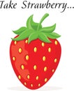 Red ripe cartoon strawberry symbol with green leaves.