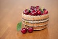 Red Ripe Cherries in a basket on a wood table