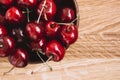 Red ripe cherries in a white iron mug in the center of a wooden background Royalty Free Stock Photo