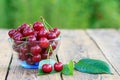 Red ripe cherry fruits with peduncles in glass bowl Royalty Free Stock Photo