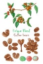 Red ripe coffee fruits branches, green leaf and brown coffee beans illustration pattern with texts Royalty Free Stock Photo