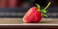 Red ripe delicious strawberries near laptop, delicious food while working in the office_