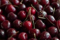 Red ripe fresh cherries in drops of water close-up. Cherry background. Berry pattern and texture. Food background Royalty Free Stock Photo