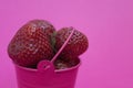 Red ripe fresh strawberries on a pink background lies in a pink bucket. spilled from a bucket of ripe strawberries.