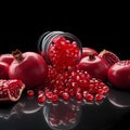 Red ripe pomegranate fruits, pomegranate seeds on a black background