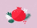 Red ripe pomegranate and tropical leaves illustration on pink background. Summer art.