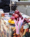 Red ripe pomegranates on a dish for making fresh juice Royalty Free Stock Photo