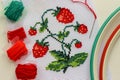 Red ripe strawberries embroidered with a cross-stich on a white canvas by hand. With a needle, thread floss and hoop