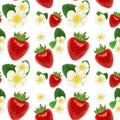 Red ripe strawberries, white flowers and green leaves. Seamless background