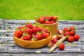 Red ripe strawberries in a wooden basket on the old boards on the background Royalty Free Stock Photo