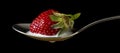 Red, ripe strawberry falling in spoon with milk Royalty Free Stock Photo