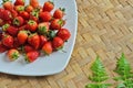 Red ripe strawberry in white dish on woven bamboo floor Royalty Free Stock Photo