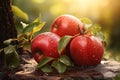 Red ripe tasty apples lying under a tree and covered with water drops among the leaves under the tree Royalty Free Stock Photo