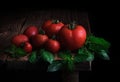 Red ripe tomatoes with drops of water and leaves of fresh basil on a wooden table. Organic food Royalty Free Stock Photo