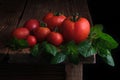 Red ripe tomatoes with drops of water and leaves of fresh basil on a wooden table. Organic food. Rural style Royalty Free Stock Photo