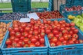 Red ripe tomatoes are sold at the farmer`s market on an autumn day in blue plastic boxes with other vegetables. Farmer`s market Royalty Free Stock Photo