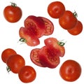 Red ripe tomatoes, whole and sliced repeated on a white background. Seamless isolated pattern