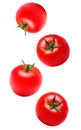 Red ripe tomatos falling down on white background, isolate, closeup Royalty Free Stock Photo