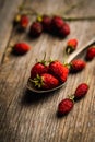 Red ripe wild strawberry in old vintage spoon on the rustic background Royalty Free Stock Photo