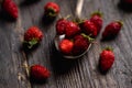 Red ripe wild strawberry in old vintage spoon on the rustic background Royalty Free Stock Photo