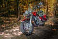 Red Road Bike Cruiser. Motorcycle cruiser stands on dirt road in sunny autumn forest. Walk ride on chopper in forest road Royalty Free Stock Photo