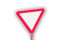 Red road sign isolated. Defocus blank empty triangle red warning road sign on white background. Danger direction. Shadow Royalty Free Stock Photo