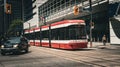 Red road train and cars passing from traffic lights in downtown Toronto, Canada