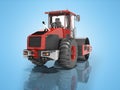 Red road vibratory roller rear view 3D rendering on blue background with shadow