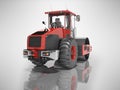 Red road vibratory roller rear view 3D rendering on gray background with shadow