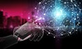 Red robot hacking a digital globe system 3D rendering