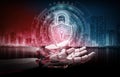 Red robot hacking a digital padlock system 3D rendering
