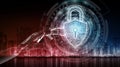 Red robot hacking a digital padlock system 3D rendering Royalty Free Stock Photo
