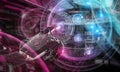 Red robot hacking a globe system interface 3D rendering