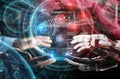 Red robot hacking a globe system interface 3D rendering