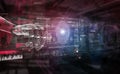 Red robot hacking a system with digital screens 3D rendering