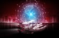 Red robot hacking a world network system 3D rendering