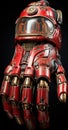 A red robot hand with a gold and silver design, AI
