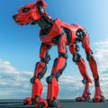 Red robotic dog walking under blue sky with clouds, showcasing advanced technology and design, copy space for text