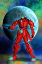 Red robotic Warrior, soldier armed with gun in space, 3d illustration, Blue lights,