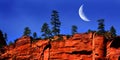 Red Rock Cliff Face Zion National Park Utah Wilderness Mountains Crescent Moon
