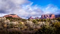 The Red Rock Mountains of Cathedral Rock, Bell Rock and Courthouse Butte between the Village of Oak Creek and Sedona Royalty Free Stock Photo