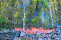 Red rock underneath green mossy wall with water flow in Icelandic nature. Royalty Free Stock Photo