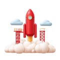 Red rocket launching from clouds with launch towers and white background spaceship Royalty Free Stock Photo