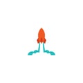 Red rocket ship with fire and clouds. Isolated on white. Flat icon. Vector illustration with flying shuttle Royalty Free Stock Photo